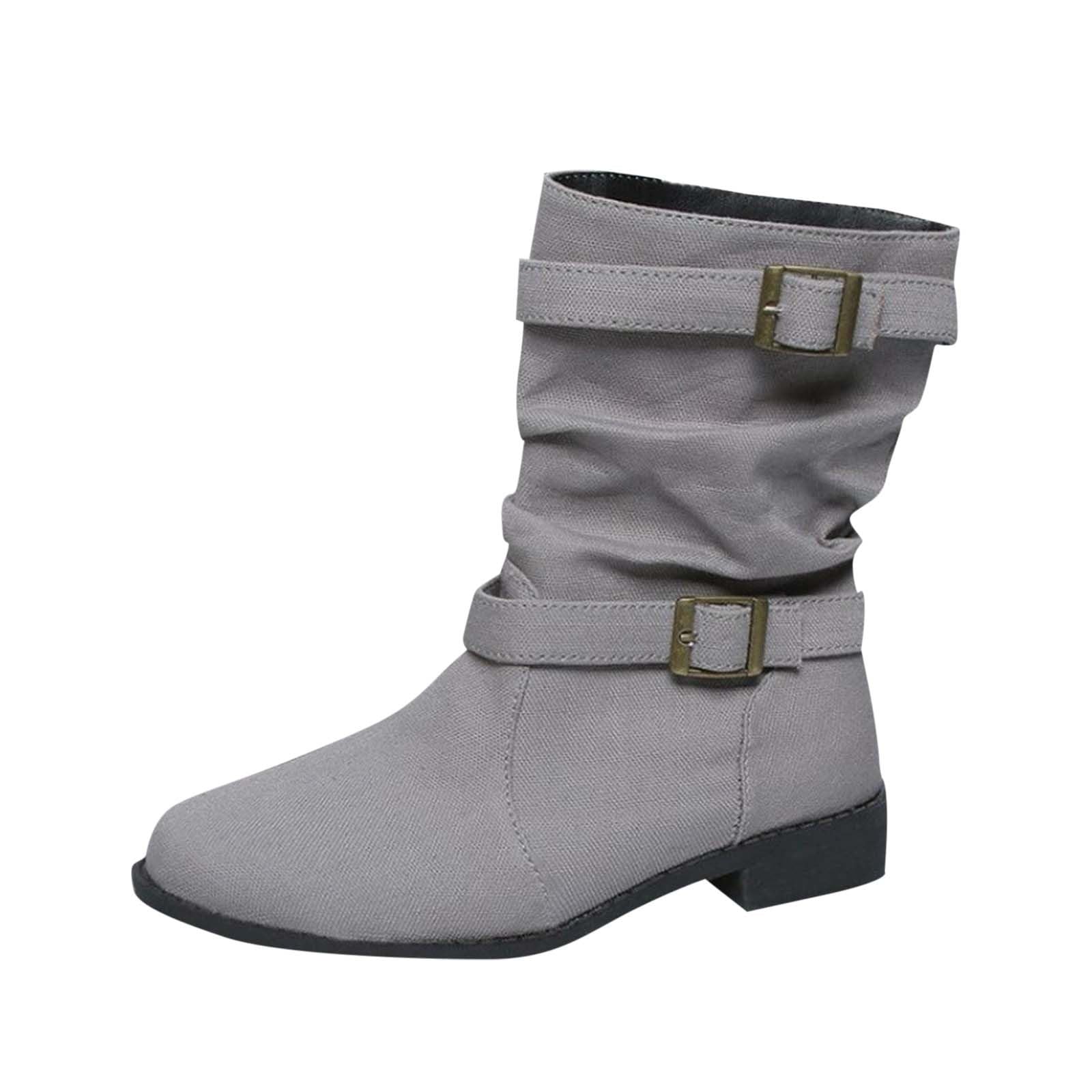 Cowgirl Mid Calf Booties for Women Goth Rave Wide Calf Pull On Boots Buckle Strap Round Toe Motorcycle
