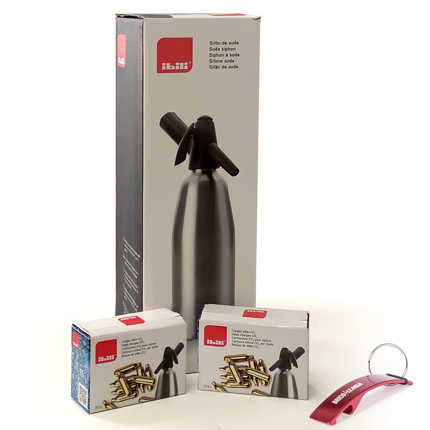 Sifón de Soda Recargable + 20 Cartuchos de CO2 de 8gr compatibles + Llavero Bricolemar de Regalo