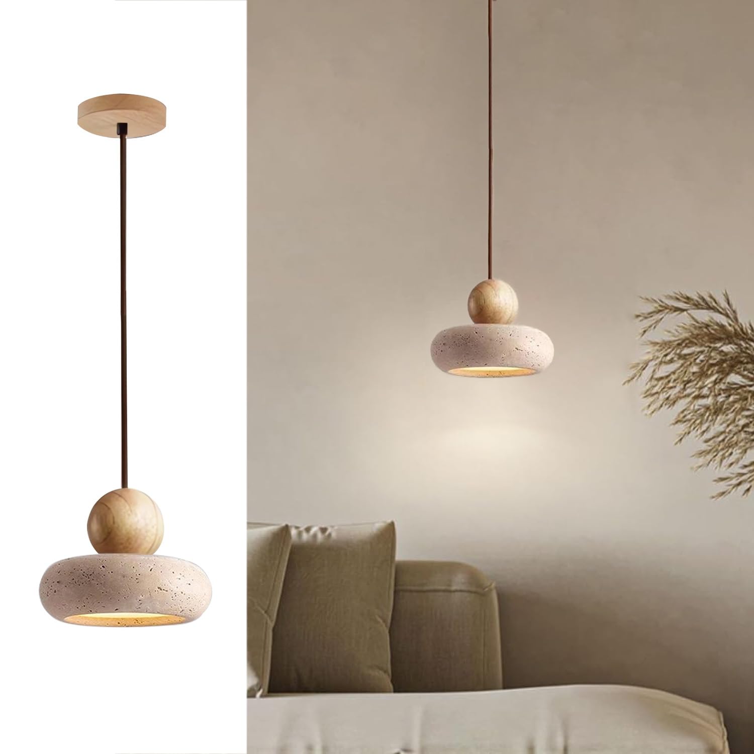 Natural Travertine Pendant Light, Wabi-Sabi Stone Hanging Lamp