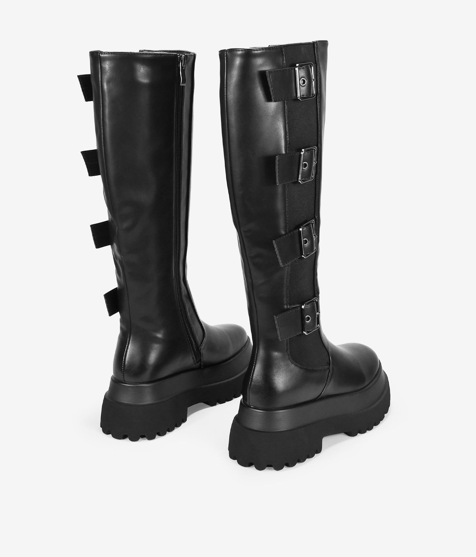 BOSANOVA Botas Altas Negras para Mujer con elástico Lateral, Tiras con Hebillas Ajustables y Suela de Plataforma Doble de 6.5 cm. Cierre con Cremallera Interior. Calzado para Mujer