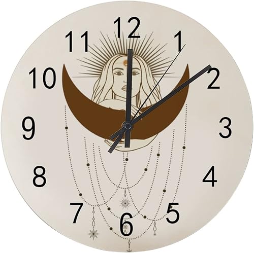 Reloj de pared de madera con pilas, silencioso, sin tictac, dibujado a mano, mujer mística, sol, luna, estrella, reloj redondo y preciso, sala de