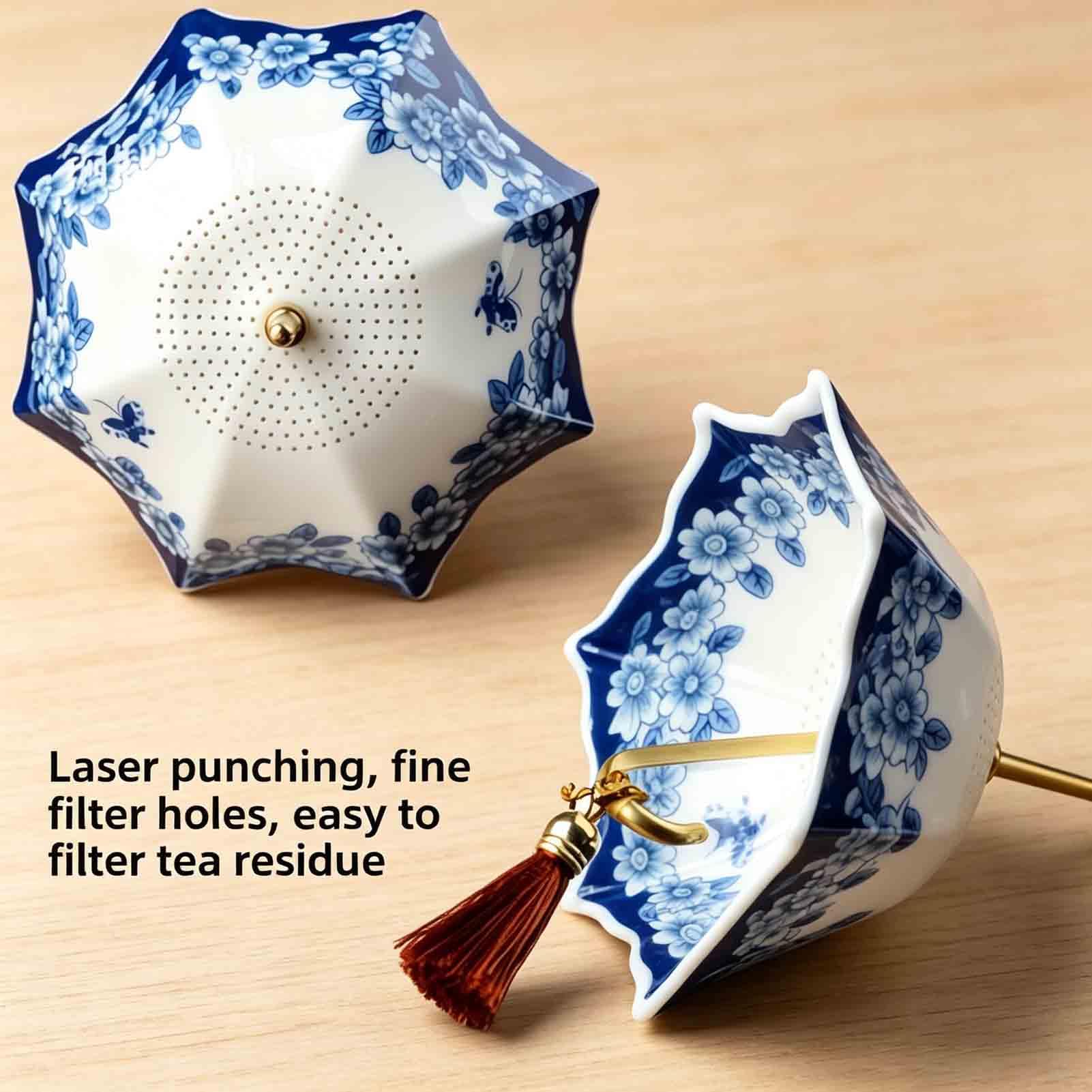 Colador de té, accesorios de té, porcelana azul y blanca, colador para prevención de fugas, infusor creativo de paraguas, filtro de hojas sueltas con diseño giratorio para preparar café
