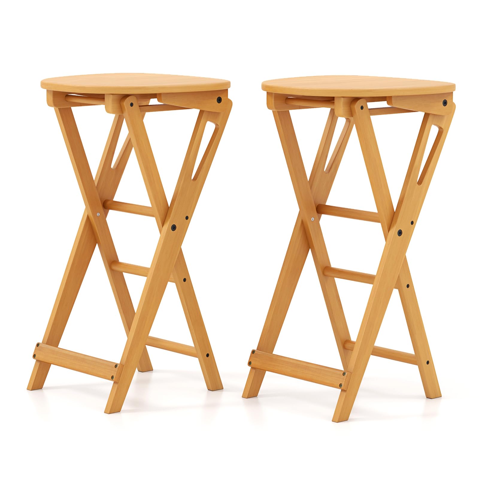 COSTWAY Set de 2 Taburetes de Bar Plegables, 36x33x61 cm, Taburetes Plegables de Bambú con Reposapiés y Asiento Ancho, Taburetes Portátiles de Madera Natural para Cocina, No Requiere Montaje