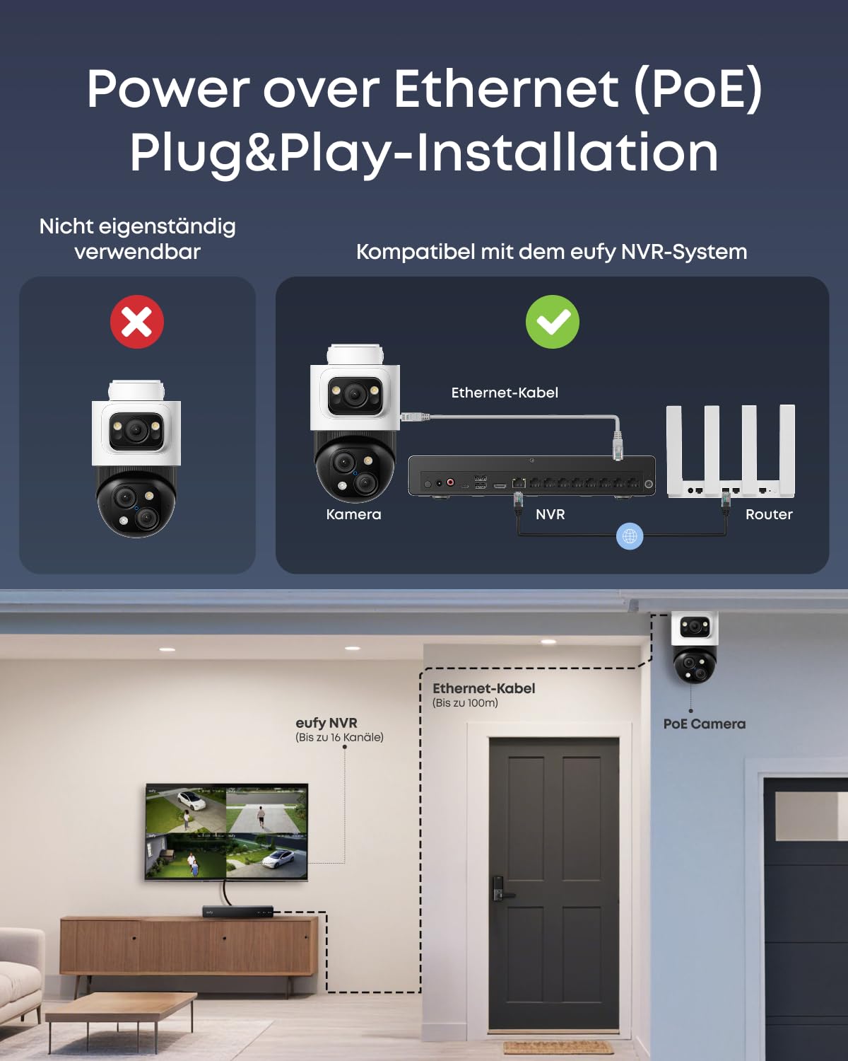 eufy PoE Bullet-PTZ-Kamera S4, Überwachungskamera Außen, Farbnachtsicht | 4K UHD, 24/7-Recordingeufy, 360° Schwenk/Neige, KI-Tracking, verkabelte Außenkamera, PoE Plug&Play, 3-Linsen, 122° Weitwinkel