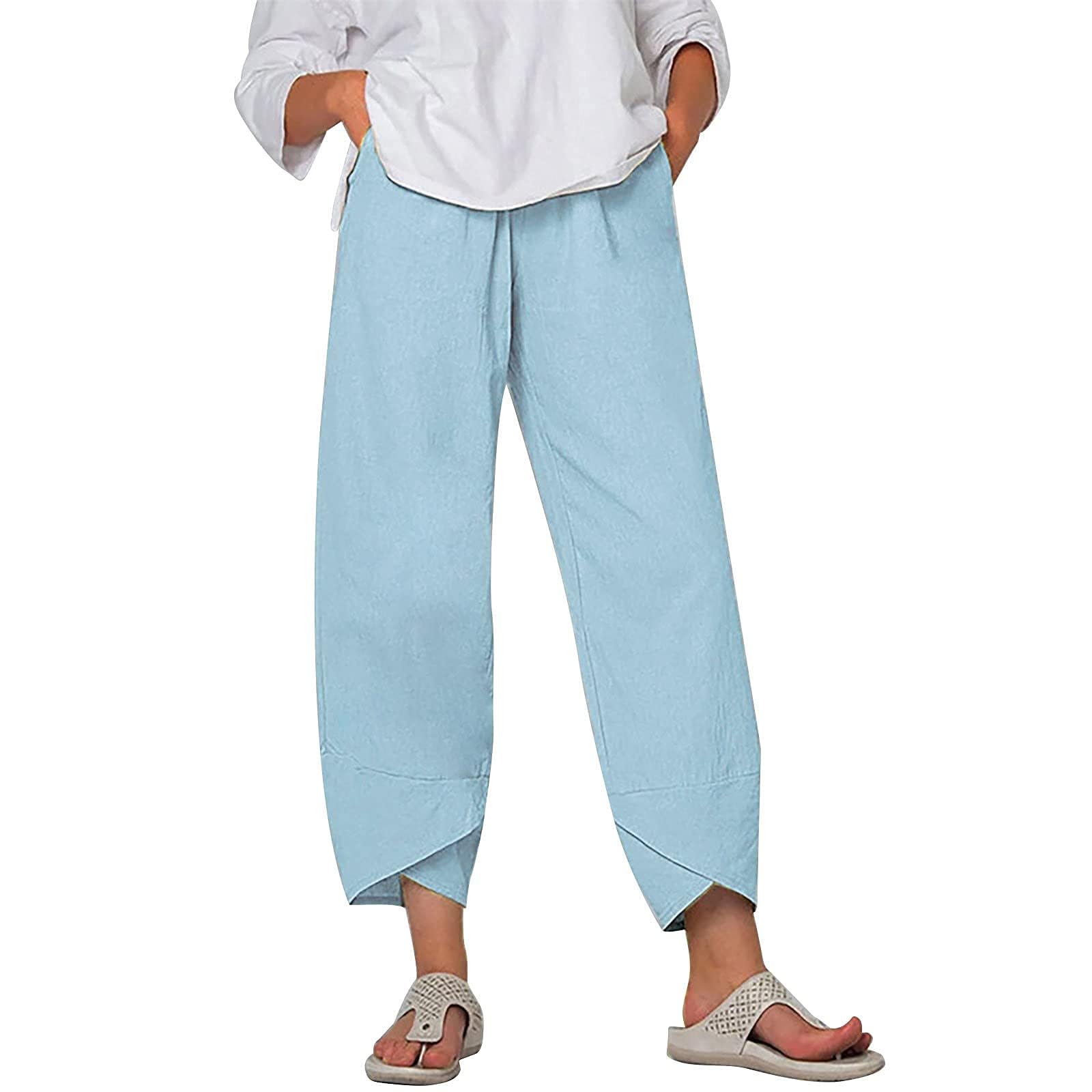 ZOCAVIA Womens Cotton Linen Capri Pants Casual Cropped Baggy Trousers Comfy Loose Palazzo Lounge Pants with Pockets