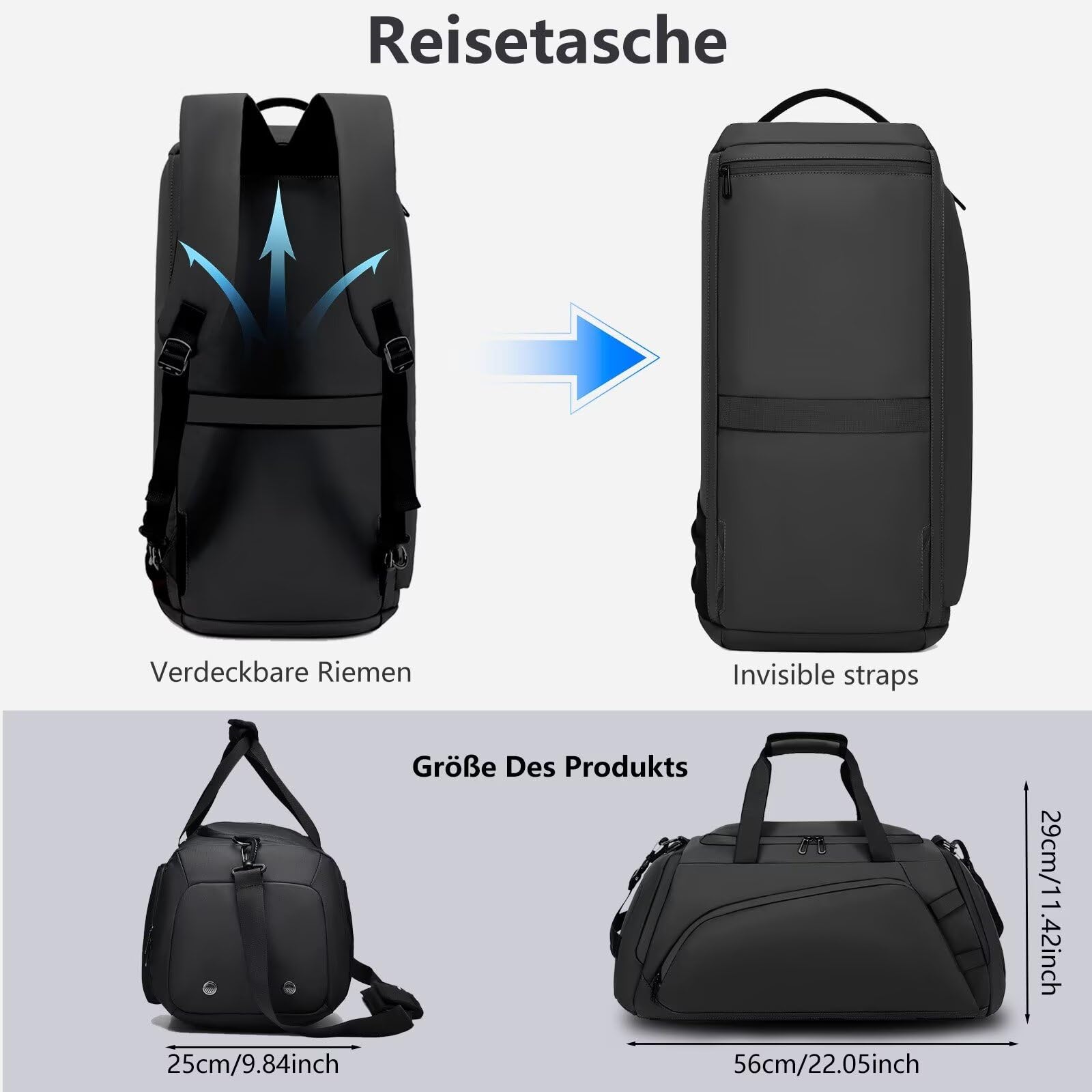 Borsone Palestra Uomo Grande 40L Zaino da Viaggio Borsa Palestra Donna Impermeabile Duffel Bag con Porta Scarpe e Tasca Umida Borsa da Viaggio da Viaggio per Sport Fitness Campeggio,Nero