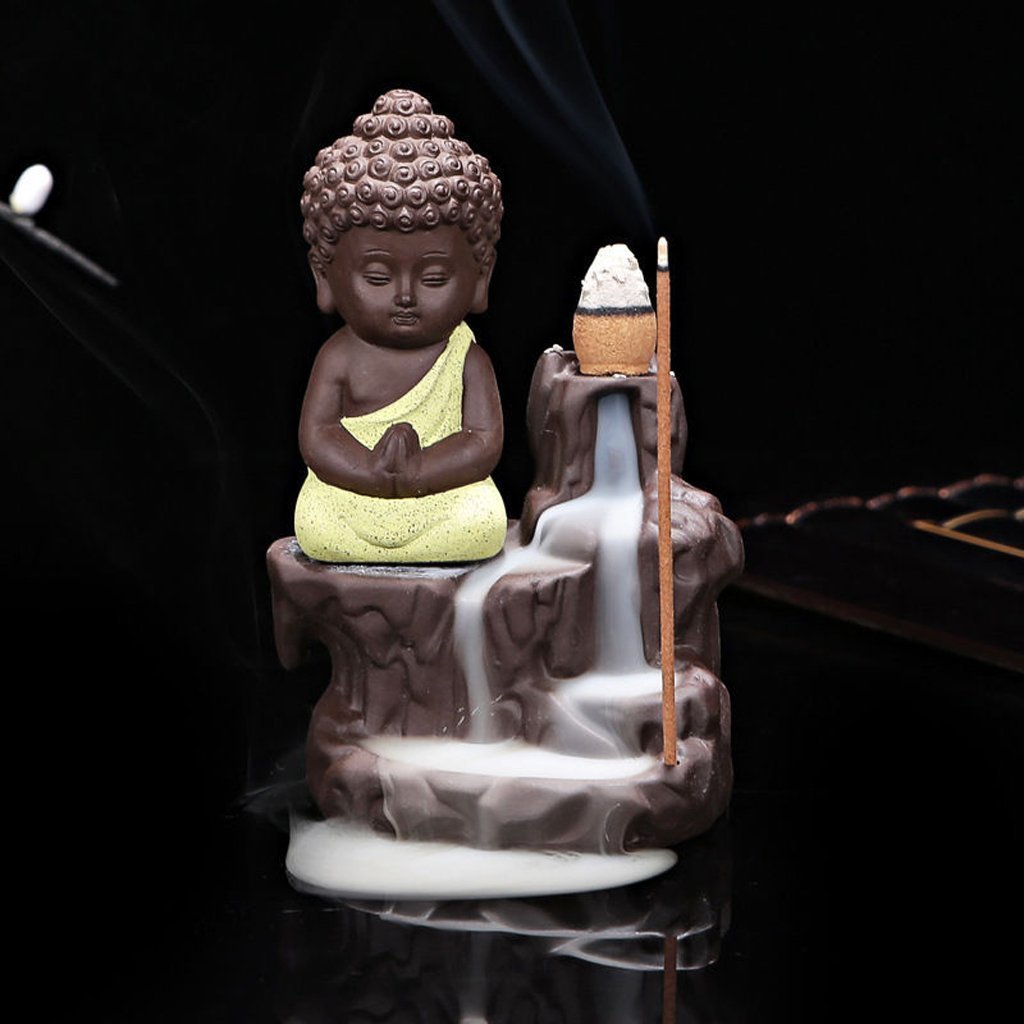 Shiva Arts Buddha Incense Holder with Meditating Monk Smoke Backflow Cone Decorative Showpiece with 10 Free Smoke Backflow Scented Cone Incenses