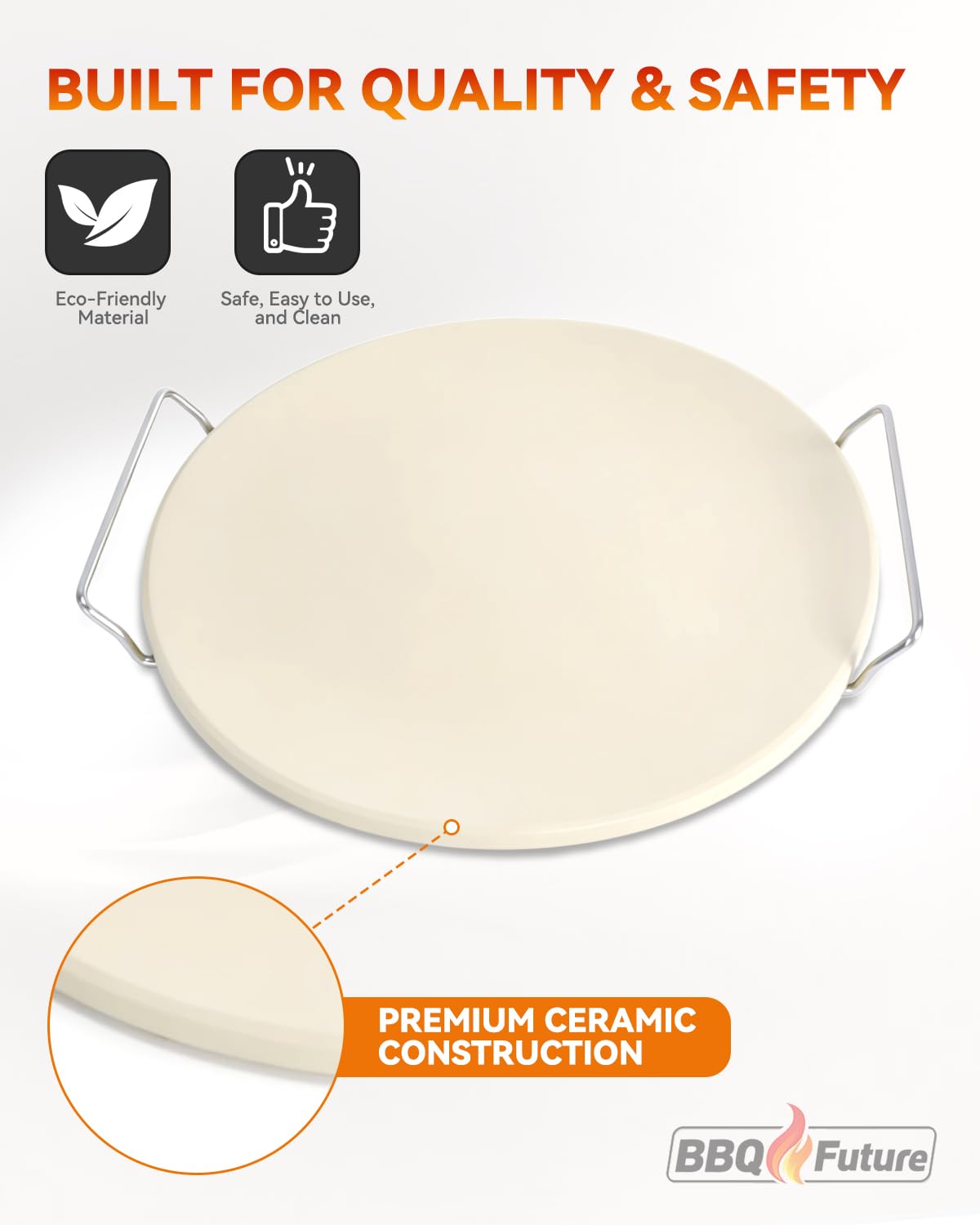BBQ Future 30,5 cm Pizza Backstein für Big Green Egg Medium/Small/MiniMax & Kamado Grill - Keramik Pizzastein mit Edelstahldrahtrahmen & Kunststoffschaber, Hitzeschild für Outdoor Kochen