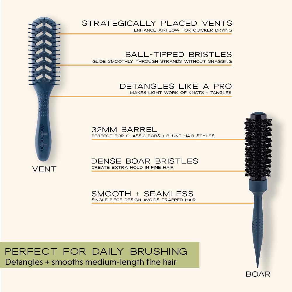 mdlondon Medium Length Fine Hair BRUSH Set (Casal Blue). Includes RADIAL 2 & 3 for Root Lift VENT for Detangling & BOAR Bristle Brush for Extra Grip - Image 4