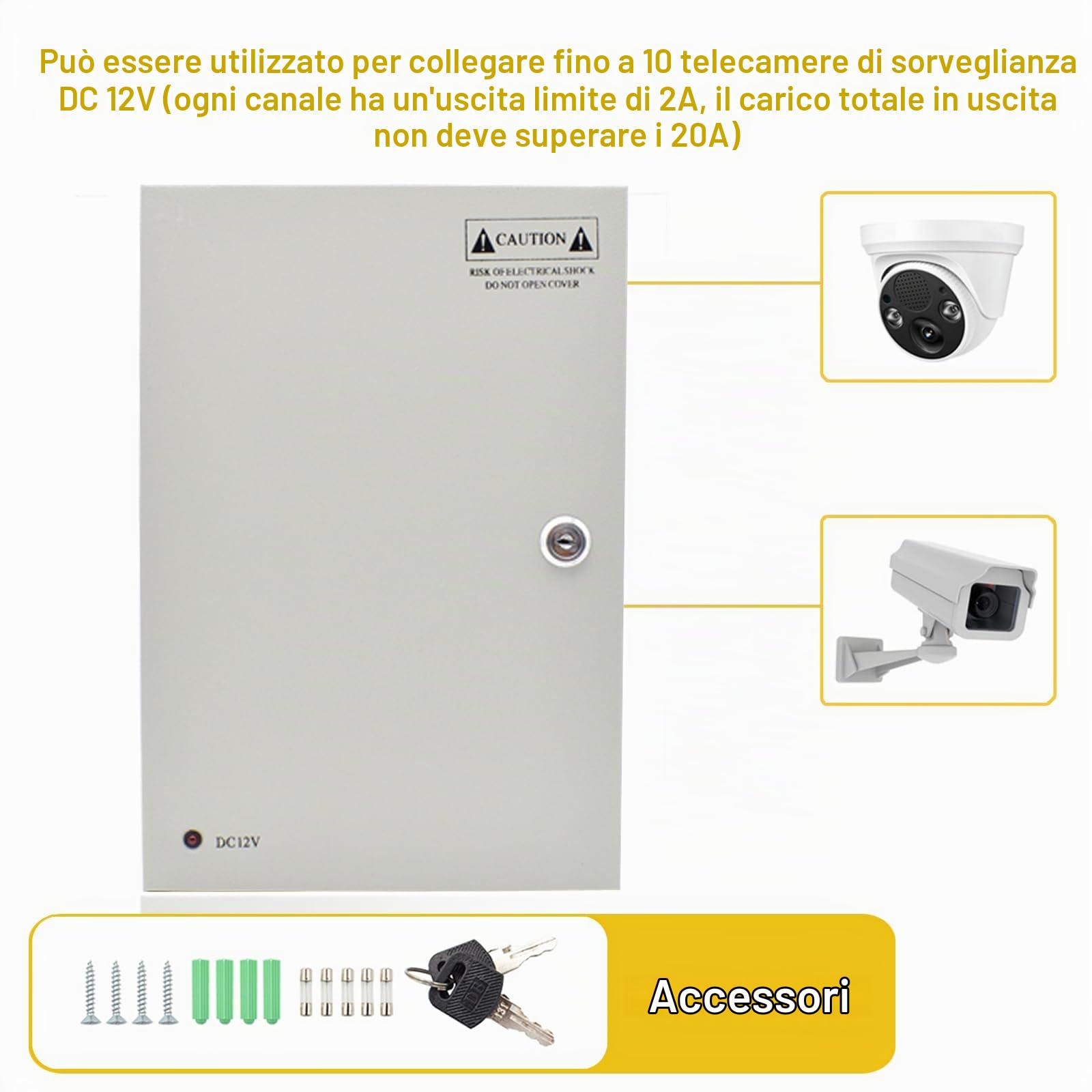 Alimentatore CCTV 12V 20A 240W, Scatola di Alimentazione Interruttore 18 Canali, Alimentazione Centralizzata per Telecamere di Sorveglianza, Striscia LED, Illuminazione Esterna, Apparecchi Industriali