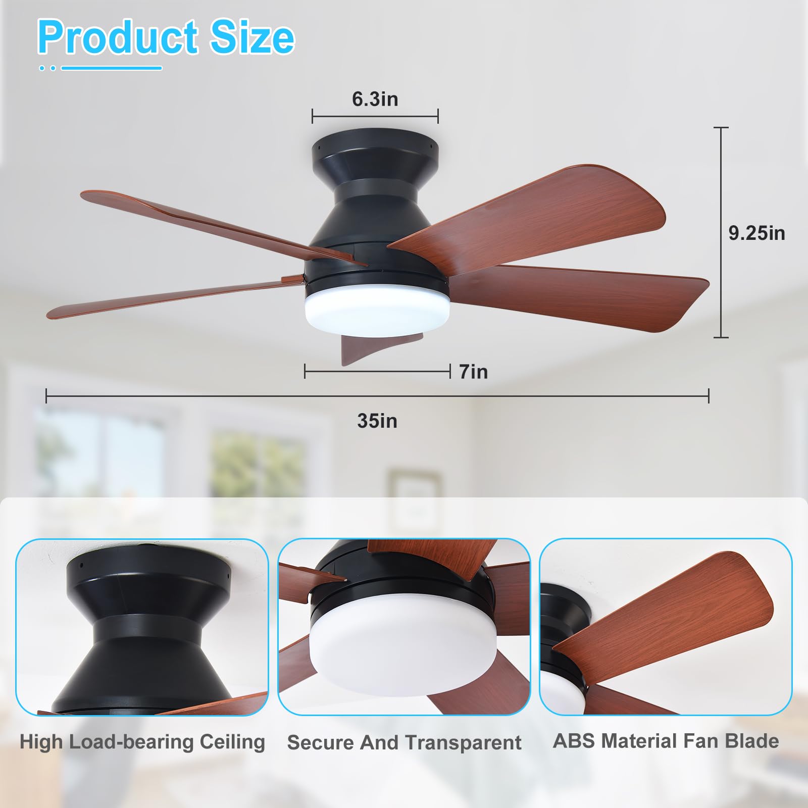 Depuley Ventilador de techo moderno con luz: Ventiladores pequeños negros de 35 pulgadas para dormitorio - Ventiladores de techo empotrable regulables con mando a distancia 5 aspas de nogal invertido