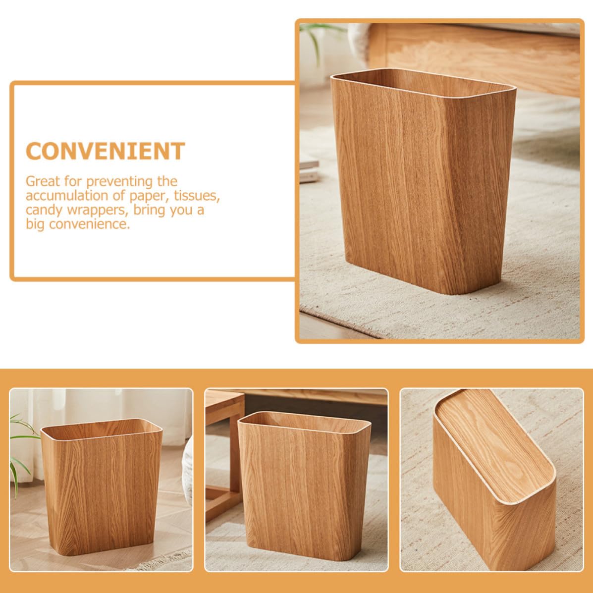 ORFOFE Holzmülleimer für Haushalt, Schmale Form, Khaki, Holz | Praktisch und Stabil, Verhindert Papieransammlung, Schlichtes Modernes Design