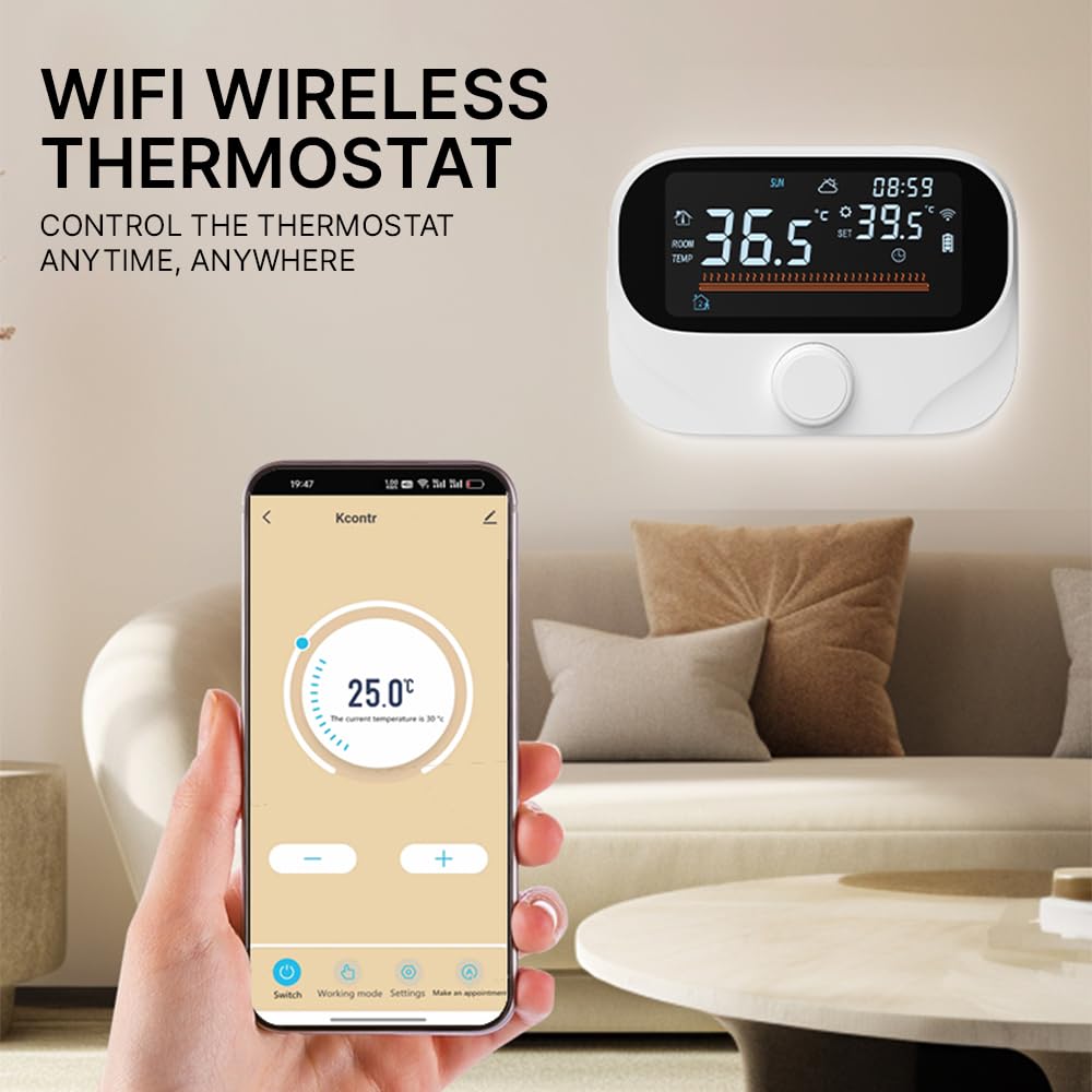 Termostato Intelligente per Riscaldamento Caldaia, RF433 980ft Wireless con Controllo Vocale APP, Touch Screen LED Programmabile IP20 Resistente all'Acqua USB Alimentato