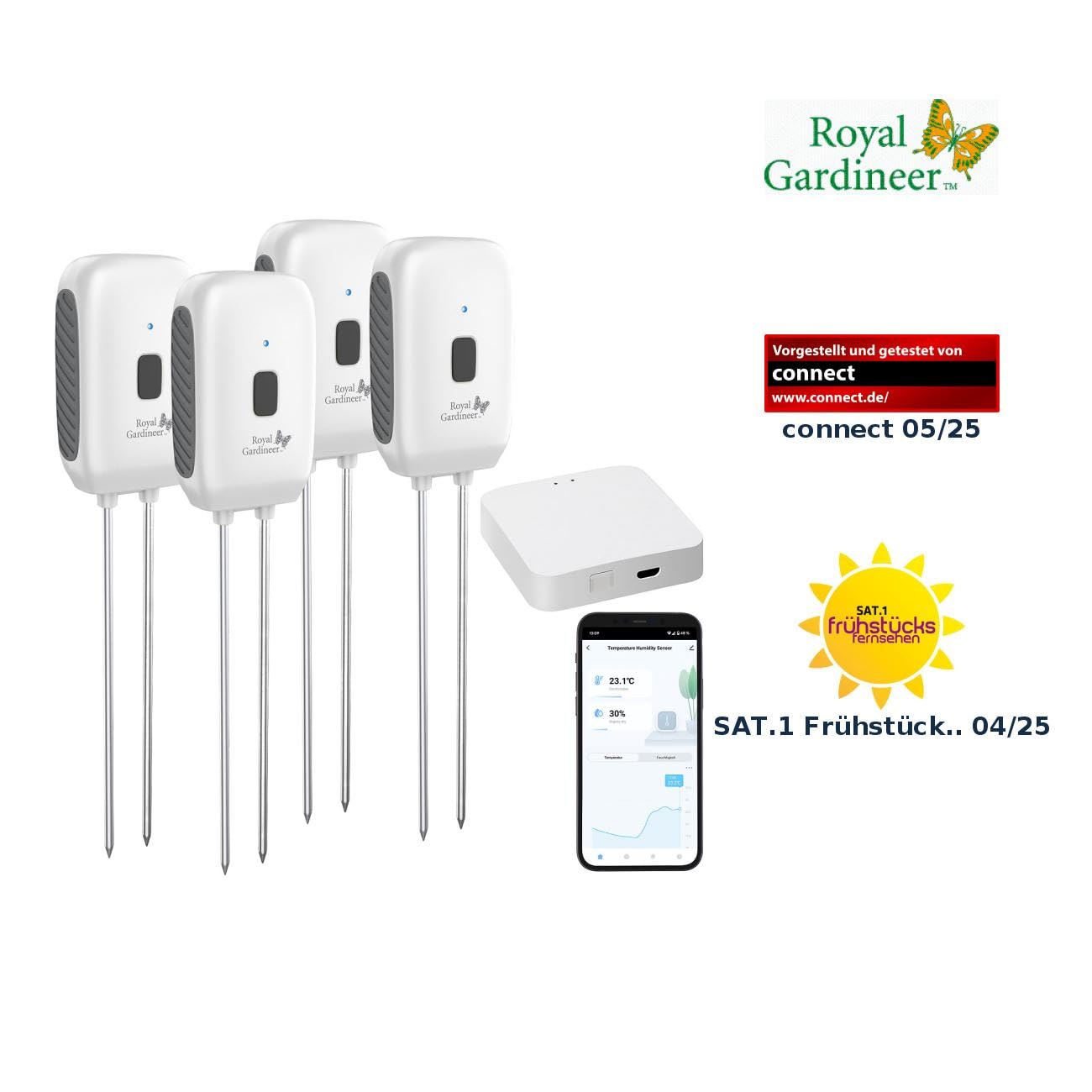 Royal Gardineer Bodenfeuchtigkeitssensor: 4er-Set Boden-Feuchtigkeits-&Temperatur-Sensoren mit WLAN-Gateway, App (Boden Feuchtigkeitsmesser WLAN, Bodentemperatur Sensor, Thermo)