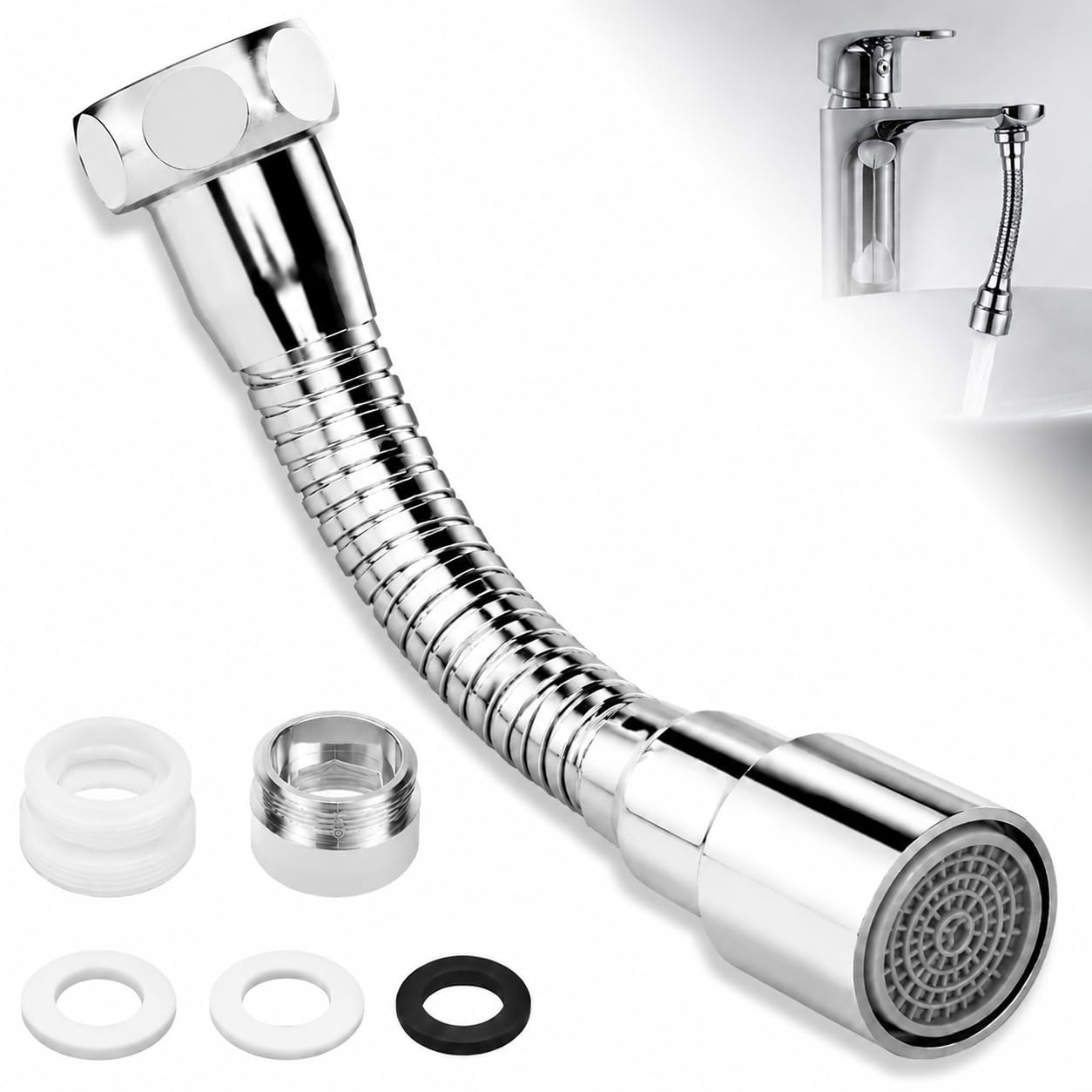 GUGUGO 30cm Spray Modes 360° Swivel Kitchen Tap Extension, Universal Flexible Faucet Extender with Adjustable Spray Head, Includes Adapter, Easy Installation for Kitchen Sink, Bathroom and Basin