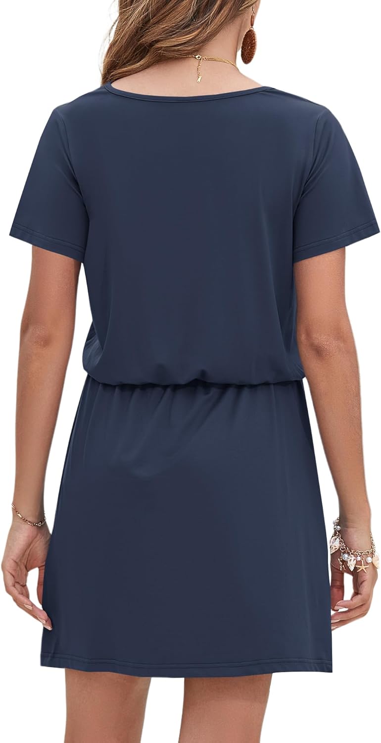 AUSELILY Womens Summer Dresses 2026 Causal Short Sleeve V Neck Tie Front Mini Short Dress with Pockets - Image 5