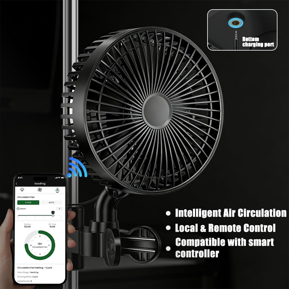 Grow Ventilator mit Clip EC-Motor, 10w Clip-Ventilator Oszillierender, 4-Stufen, 32 dB Umluftventilator leise für Zelt,Anklemmventilator, 150 cm Kabel, Grow lüfter für Zelt und Growbox