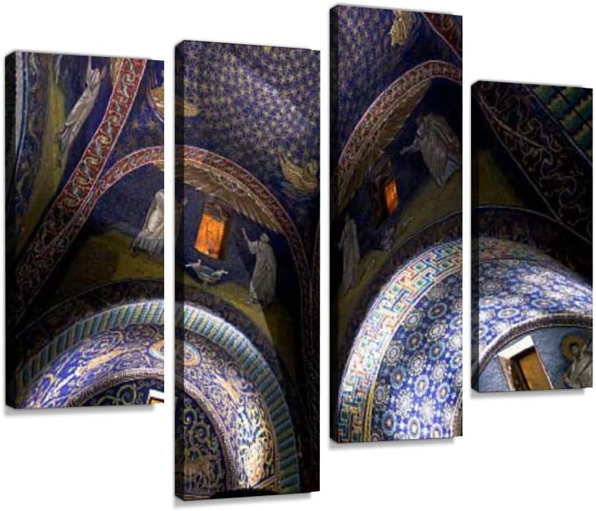 4 Panel Canvas Pictures Dark Blue Mosaic of The Galla placidia Mausoleum in Ravenn Wall Art Prints Paintings Stretched & Framed Poster Home Living Room Decoration Ready to Hang