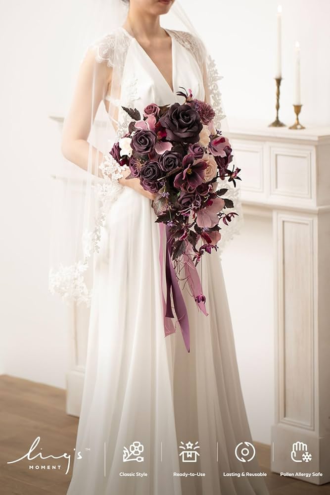 Amazon.com: Ling's moment Purple Bridal Bouquet Cascading, Plum