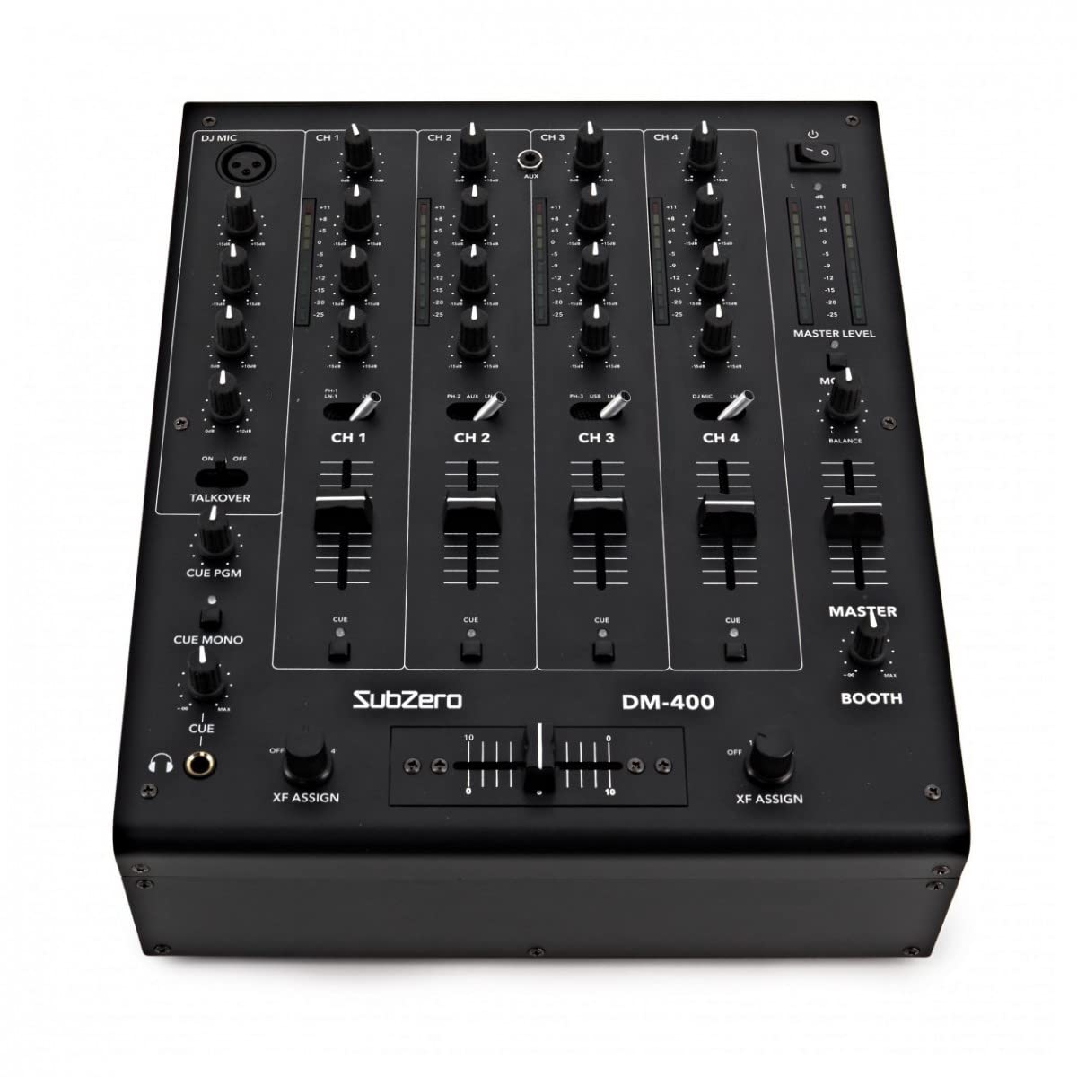 SubZero Mezclador para DJ de 4 canales con Crossfader y USB | Para principiantes y profesionales, una entrada XLR y dos entradas de micro TRS, EQ de 3 bandas con interruptor mono