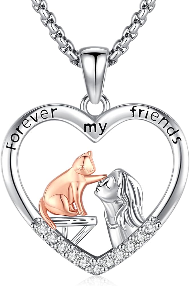 Collana Argento 925 Con Ciondolo Cuore E Gatto – Regalo Per Amanti Dei Gatti, Con Incisione “I Love You Forever”