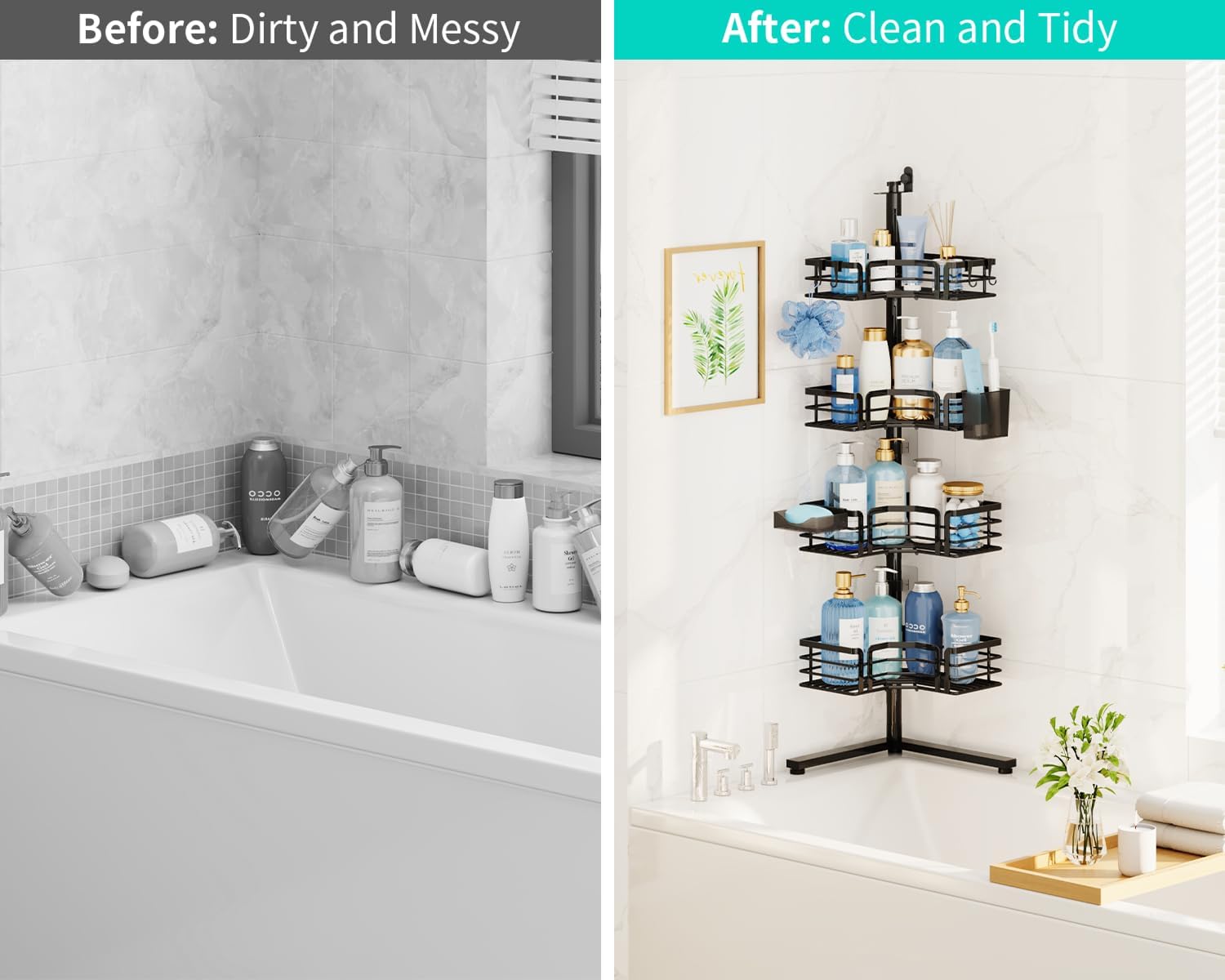 HapiRm Corner Shower Caddy Stand - 4-Tier Adjustable Shower Shelves, Black | Rustproof Stainless Steel, 4 Hooks, Soap and Toothbrush Holders, Large Capacity Shower Organizer for Tall Bottles, No-drill