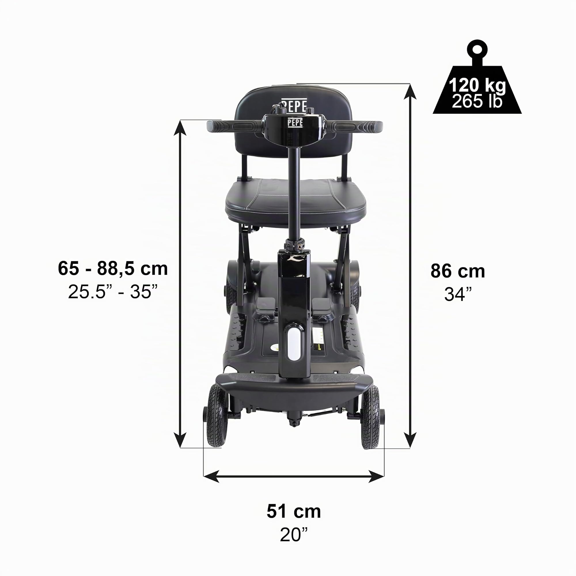 PEPE Mobility Scooter Eléctrico Plegable, Batería 10Ah, 4 Ruedas, Negro | Autonomía de 10 a 15 km, Litio Extraíble de 24V con 2 Llaves, Manillar Regulable, Asiento Acolchado, Luz LED y Claxon
