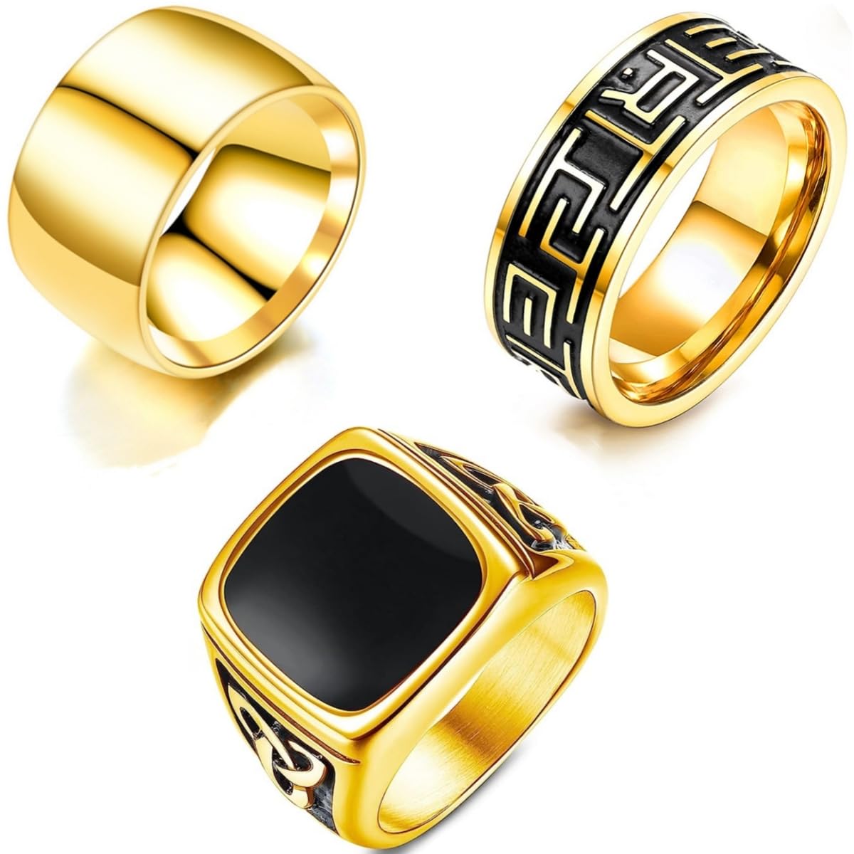 GenericLYLYMIMI 3 Pcs Stainless Steel Rings for Men, Vintage Wide Biker Signet Rings Cuban Chain Spinner Band Rings Set Silver/Gold Size 8-13