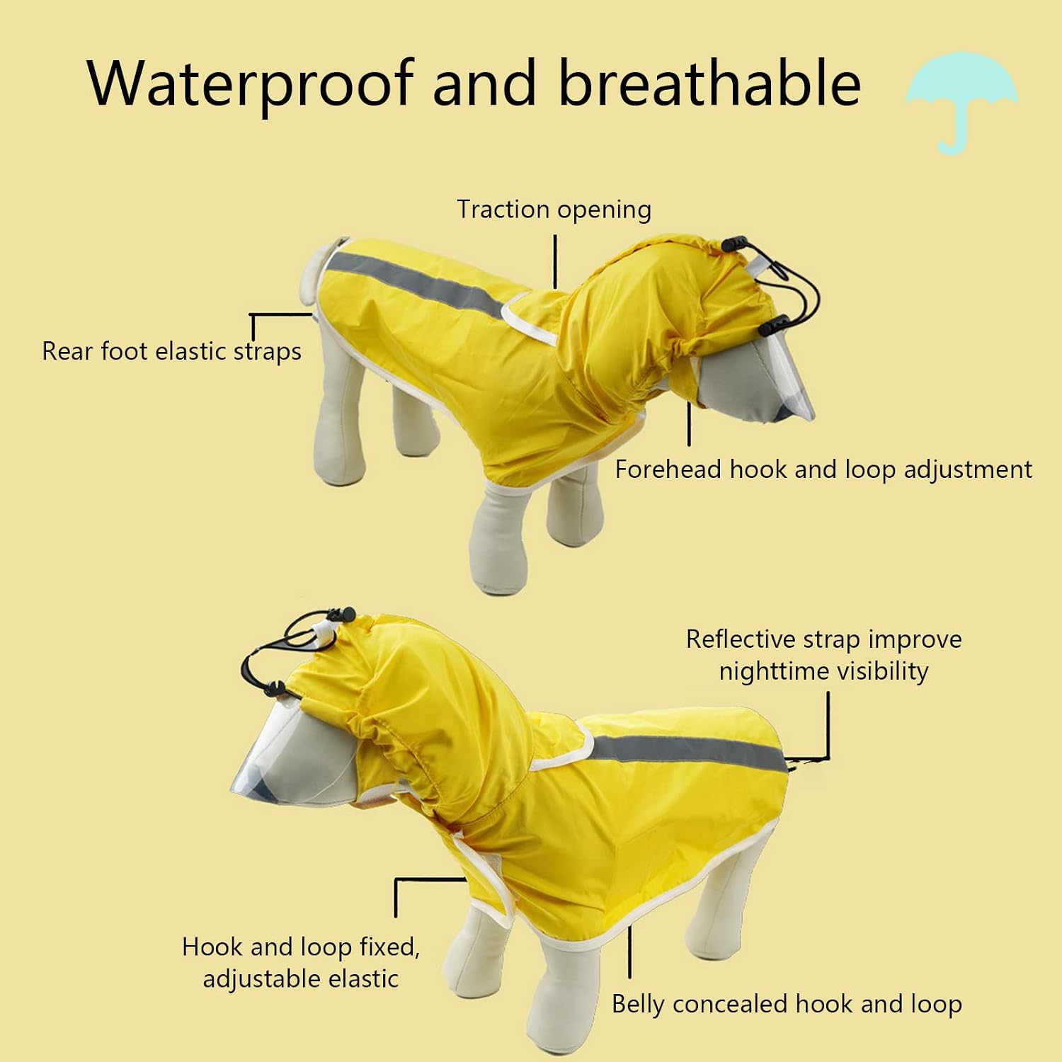 Hoodie Dog Raincoat Adjustable Reflective Windproof Lightweight Pet Rain Jacket for Puppy Yellow Polyester PVC (14 (Inner Dia.: 23mm / 0.91in, Circumference:)