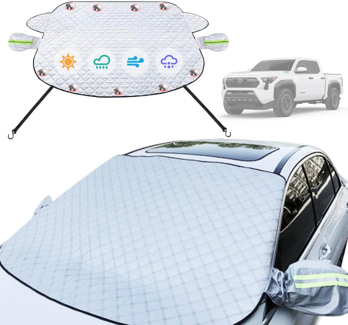 Car Windshield Cover Compatible with Toyota Tacoma 2025 2024 2023 2022-2016 New Upgraded Custom Fit Magnetic Windproof Sunshade Cover 4-Layer Protection Ice, UV,Frost Wiper & Mirror Covers