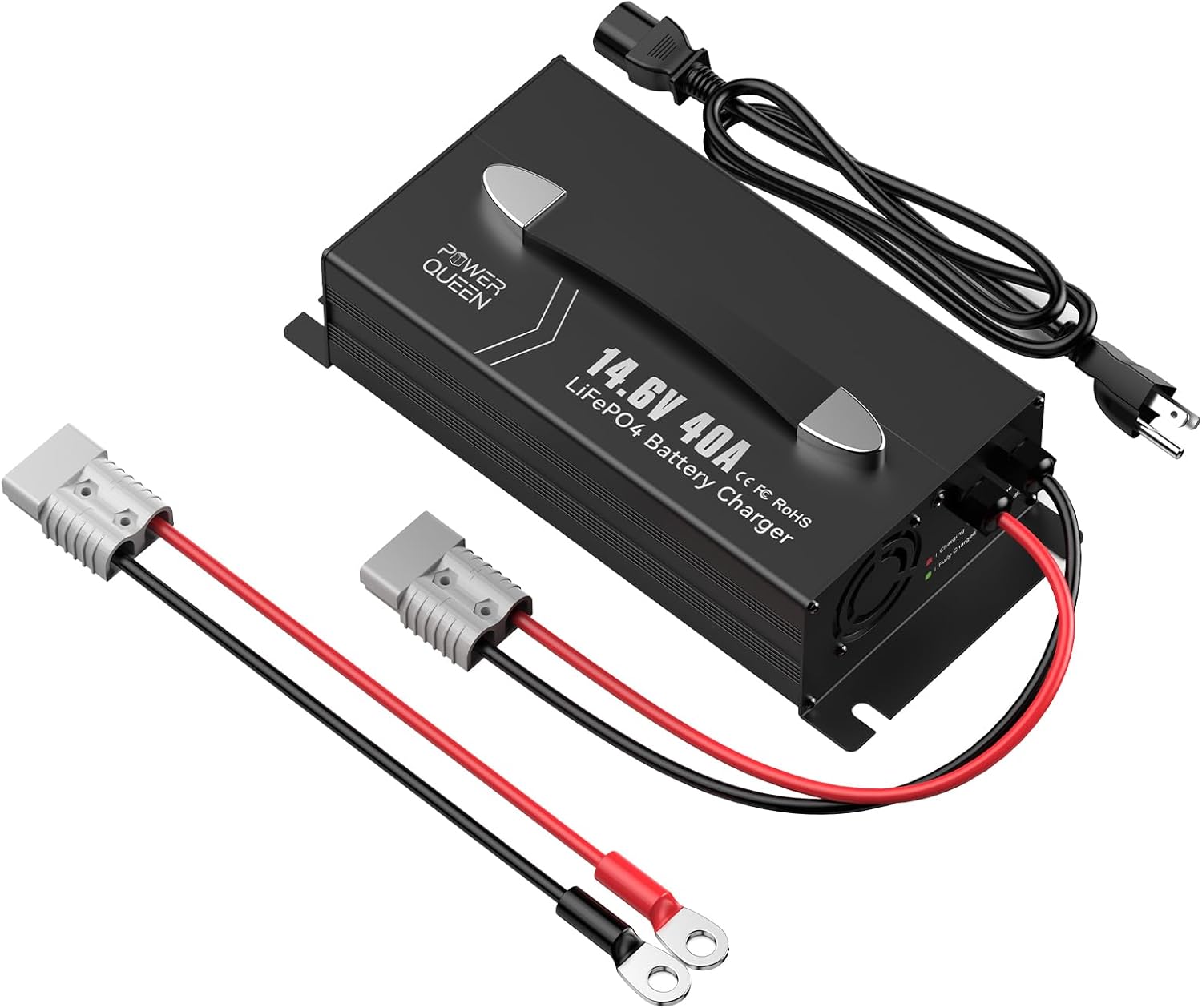 Power Queen 14.6V 40A Lithium Battery Charger, Intuitive Charging Values & 3 Status LED Display, Fast Charging Automotive 12V Battery Charger Maintainer for Lithium Battery with 4 Protection Functions