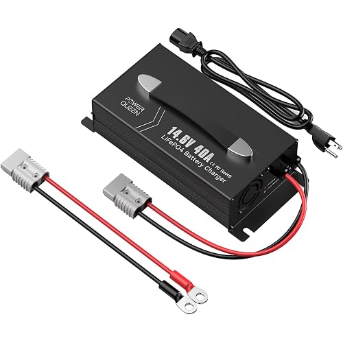 Power Queen 14.6V 40A Lithium Battery Charger, Intuitive Charging Values & 3 Status LED Display, Fast Charging Automotive 12V Battery Charger Maintainer for Lithium Battery with 4 Protection Functions
