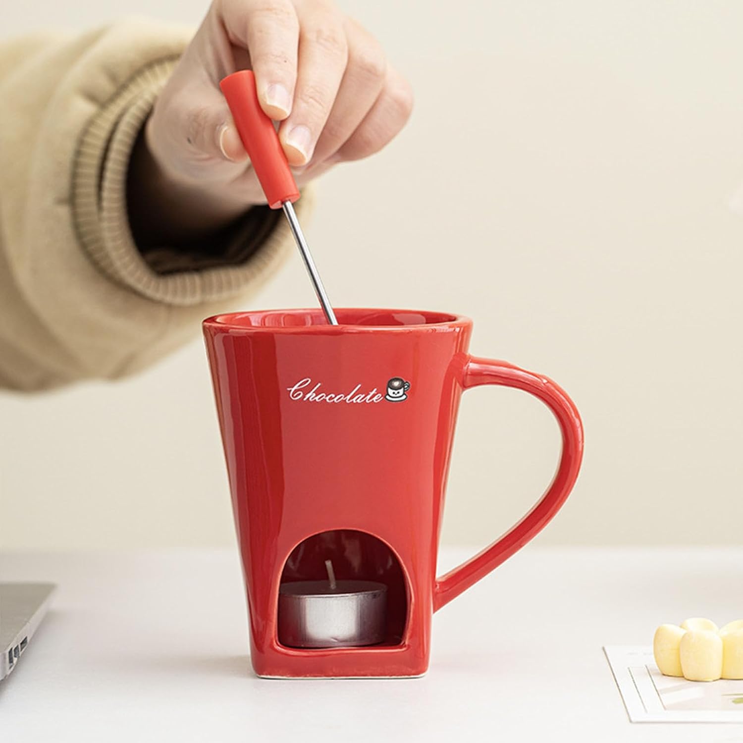 ordinarYone Elegant Ceramic Chocolate Fondue Pots For Cheese Meting Mug Cup With Included Forks For Romantics Dinners Birthday