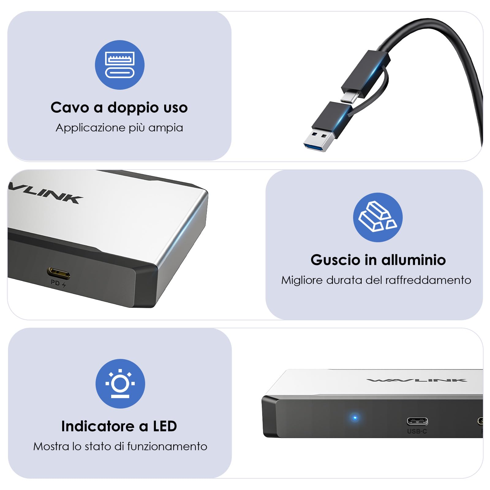 WAVLINK Docking station per 3 monitor per sistemi macOS M1/M2/M3/M4. Host Type-C/A, ingresso PD 100W, 3 HDMI + 2 DP disponibili, Triplo 4K@60Hz, Driver SMI e host USB3.2 Gen 2 richiesti