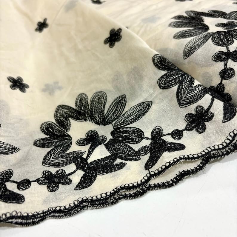 Flower Embroidered 100% Cotton Voile Fabric, Embroidered Fabric by The Yard, Ribbon Embroidered(1.53 Yards -55 inch Width)