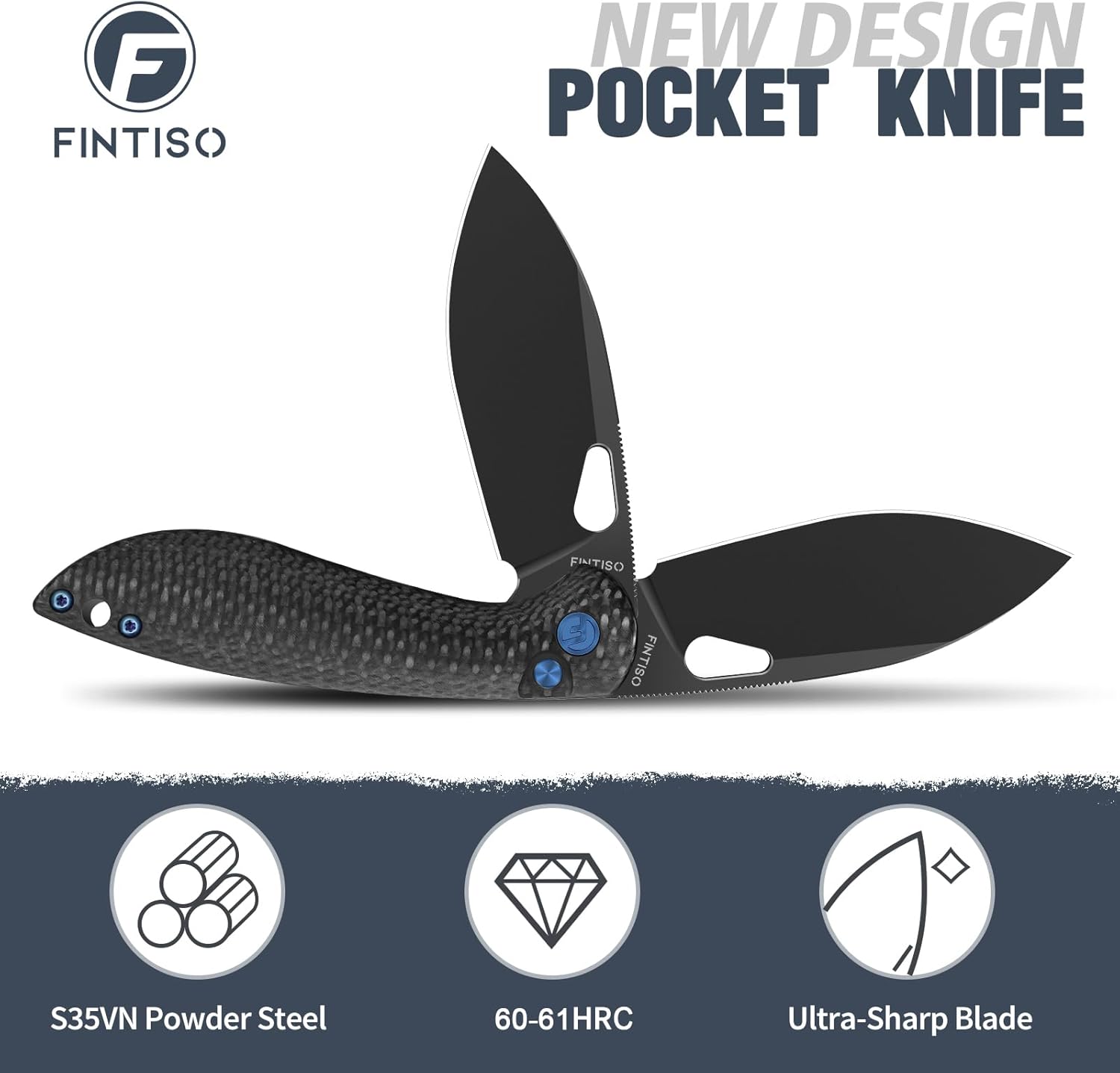 FINTISO Pocket Knife, 3.1" Unique S35VN Blade Folding Knife with Button Lock, EDC Knife with Carbon Fiber Handle for Camping, Survival, Best Gift for Men Women-COBRA series