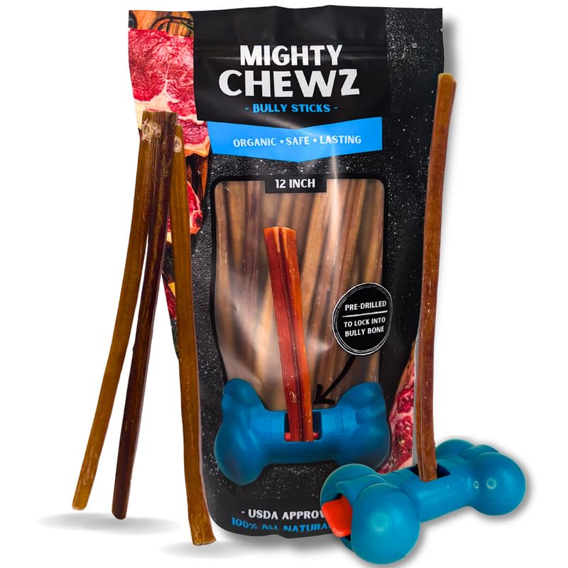 12" Standard Bully Sticks (5 Pack) with Bully Stick Safety Device - No Choking/All Natural Pizzle Sticks and Bully Stick Holder