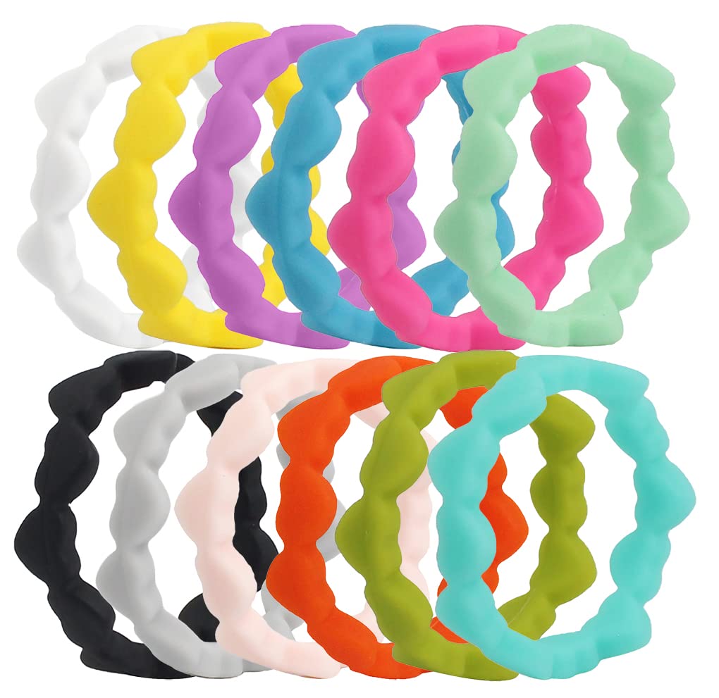 AZYOUNGWomens Thin Love Heart Chain Silicone Wedding Ring 12pcs Pack Red Yellow Green Stackable Rubber Bands - US Size 4-10