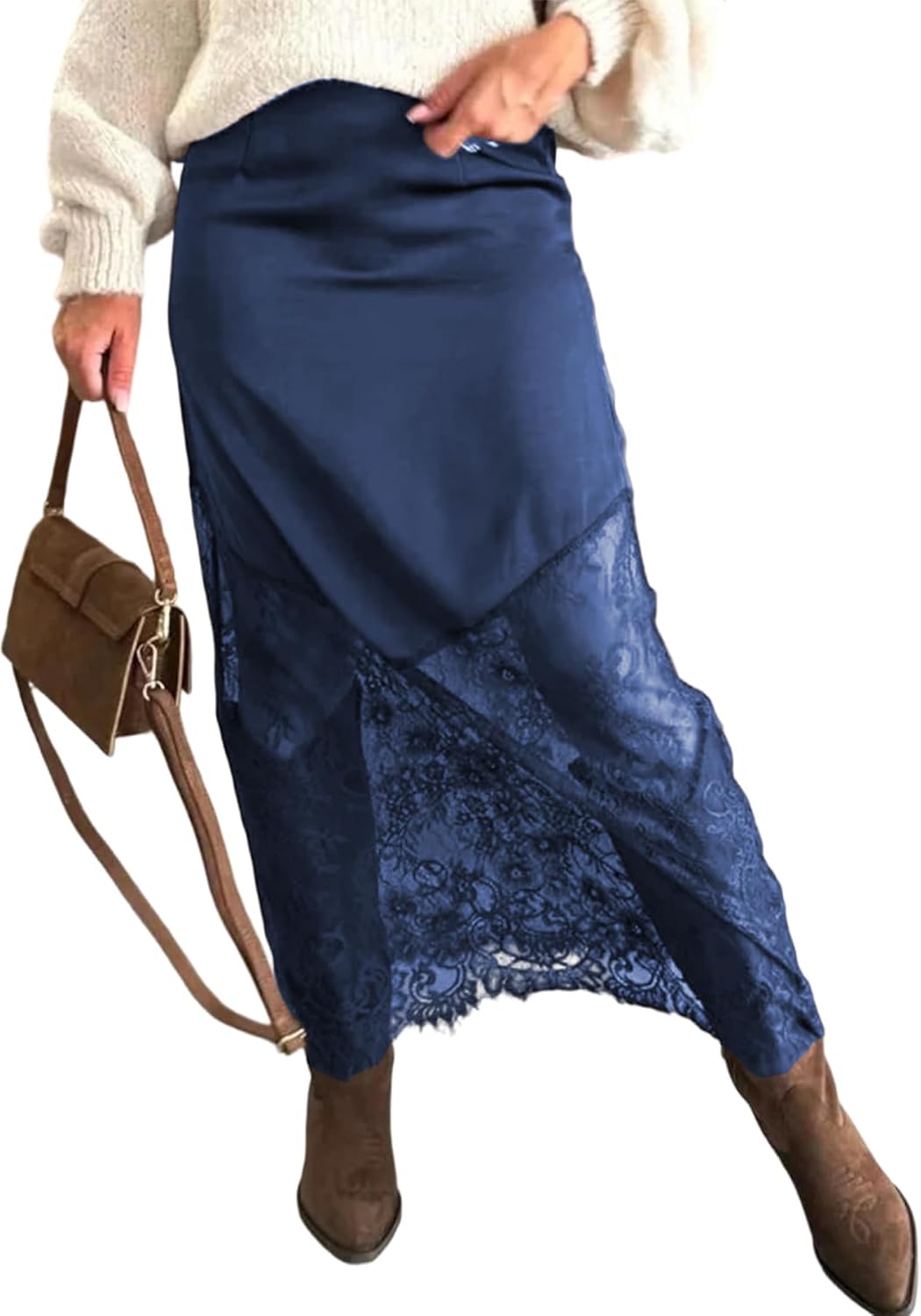 LETSVDO Women's Long Lace Skirts Satin Silky Elastic Waist Sheer Patchwork A Line Boho Maxi Skirt Going Out Party Skirt