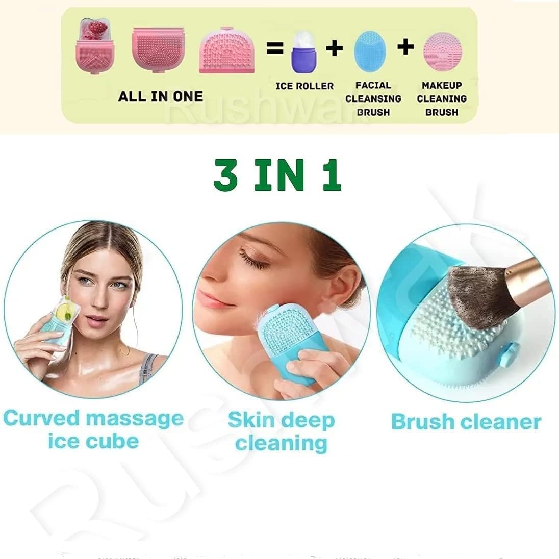 Worldwide e-Mart Ice Roller for Face 3 in 1 Reusable Face Ice Roller for Face Massager with Scrubber and Makeup Brush Cleaner Ice Face Roller for Glowing & Tighten Skin Ice Cube Roller for Face 4