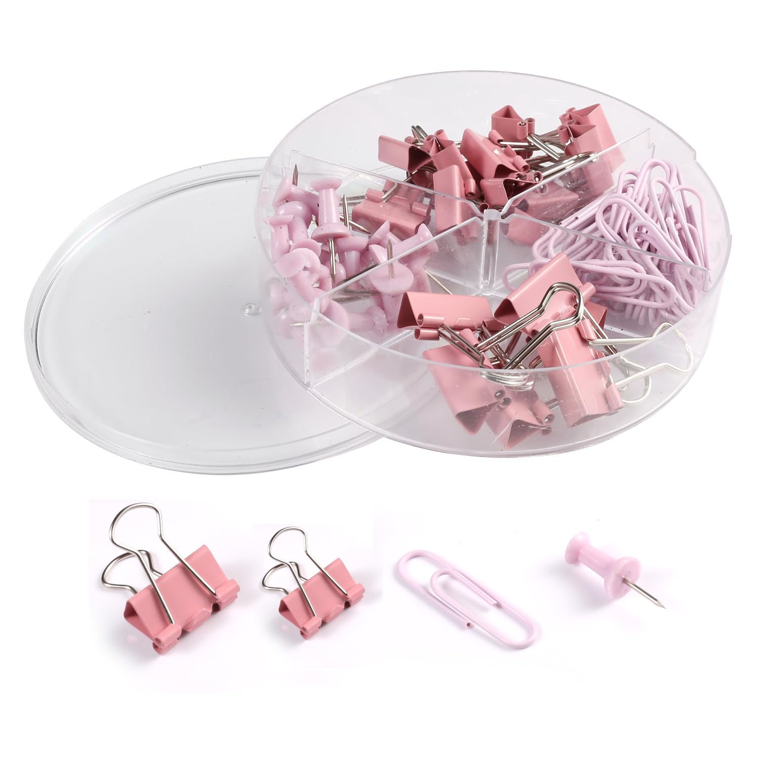 Cumilo Binder Clip and Push Pin Set - 72-Piece Ultimate Office Supply Kit with Storage Box, Perfect for Home, School, and Office Use (Pink)