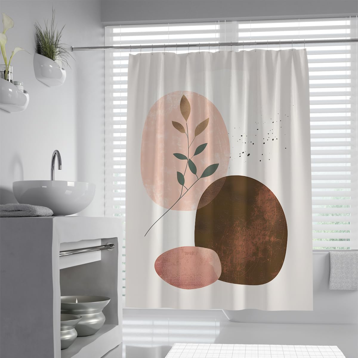 UIRINGART Modern Shower Curtains W150xL200cm Abstract Geometric Plant Branch Circle Fluid Blob Pink Brown Dot Print Quick Drying Fabric Bathroom Decor with Hooks