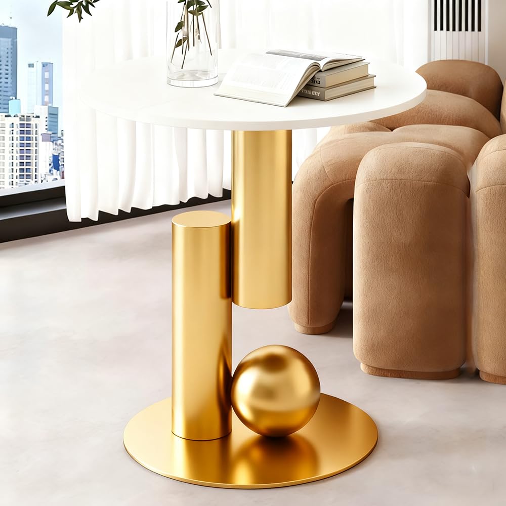 Round End Table, Luxury Circle Modern Side Table, Marble Side Tables for Living Room, Creative Aesthetic Coffee Table Bedside Nightstand for Couch Bedroom Sofa Patio Balcony (White Gold, H 21.7inch)