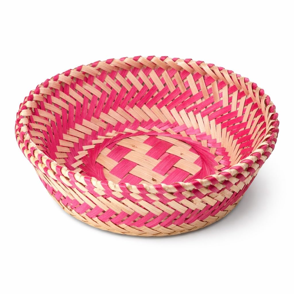 Handcrafted Bamboo Basket, Natural and Pink Woven Storage, Round Shape, Kitchen Dining Home Décor, 1 Piece