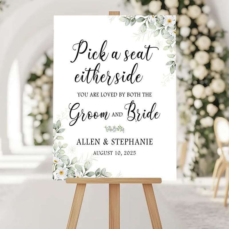 Elegant "Pick a Seat Not a Side" Wedding Welcome Sign, Personalized with Names & Date, Modern Script Font, Vow Ceremony Decor.