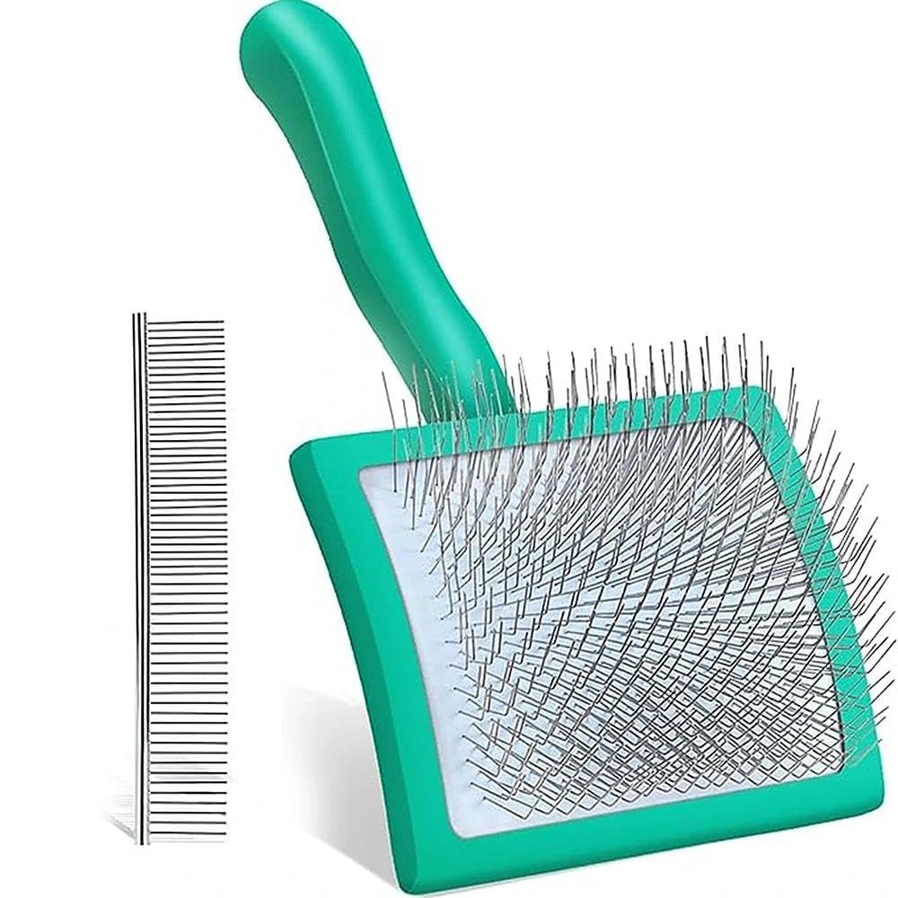 AQRNKK Slicker Brush for Dogs, Large Long Pin Dog Brush for Cockapoo Cavapoo Doodles Poodles Goldendoodle Labradoodle, 2 PCS Large Pet Comb and Grooming Brush, Wood Handle - Green