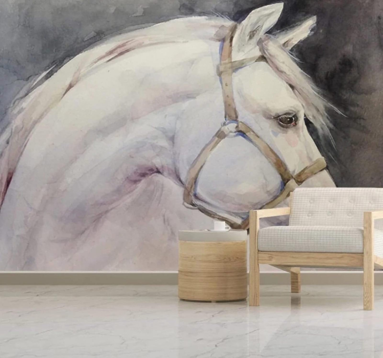 Xlming 350Cm×256Cm(B×H) Abstract Hand Drawn White Horse Art Unique 3D Wallpaper Luxury Silk Study Dining Feature Sofa Grey Bedroom Living Room Tv Decorative Wall-350Cm×256Cm