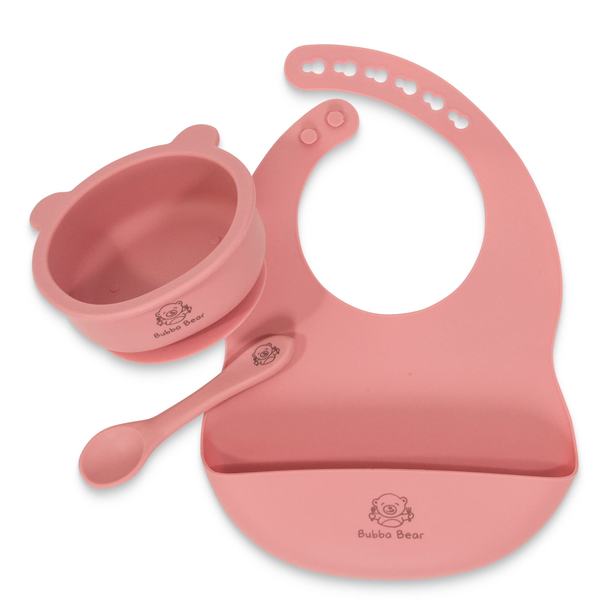 Bubba BearBaby Weaning Suction Plate, Bowl, Bib & Spoon Set | Toddler Feeding Bowls, Plates & Spoons Sets for Babies (Blush, 3)