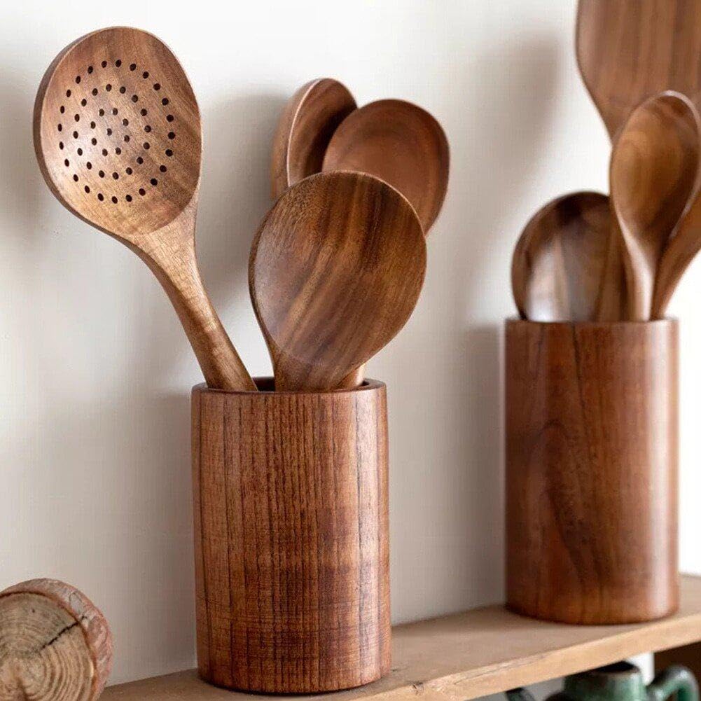 Hrippy 6-teiliges Küchengeschirr-Set Aus Holz, Kochlöffel, Servierlöffel, Holzspatel, Holzaufbewahrung, Geschirr, Küchenutensilien-Set
