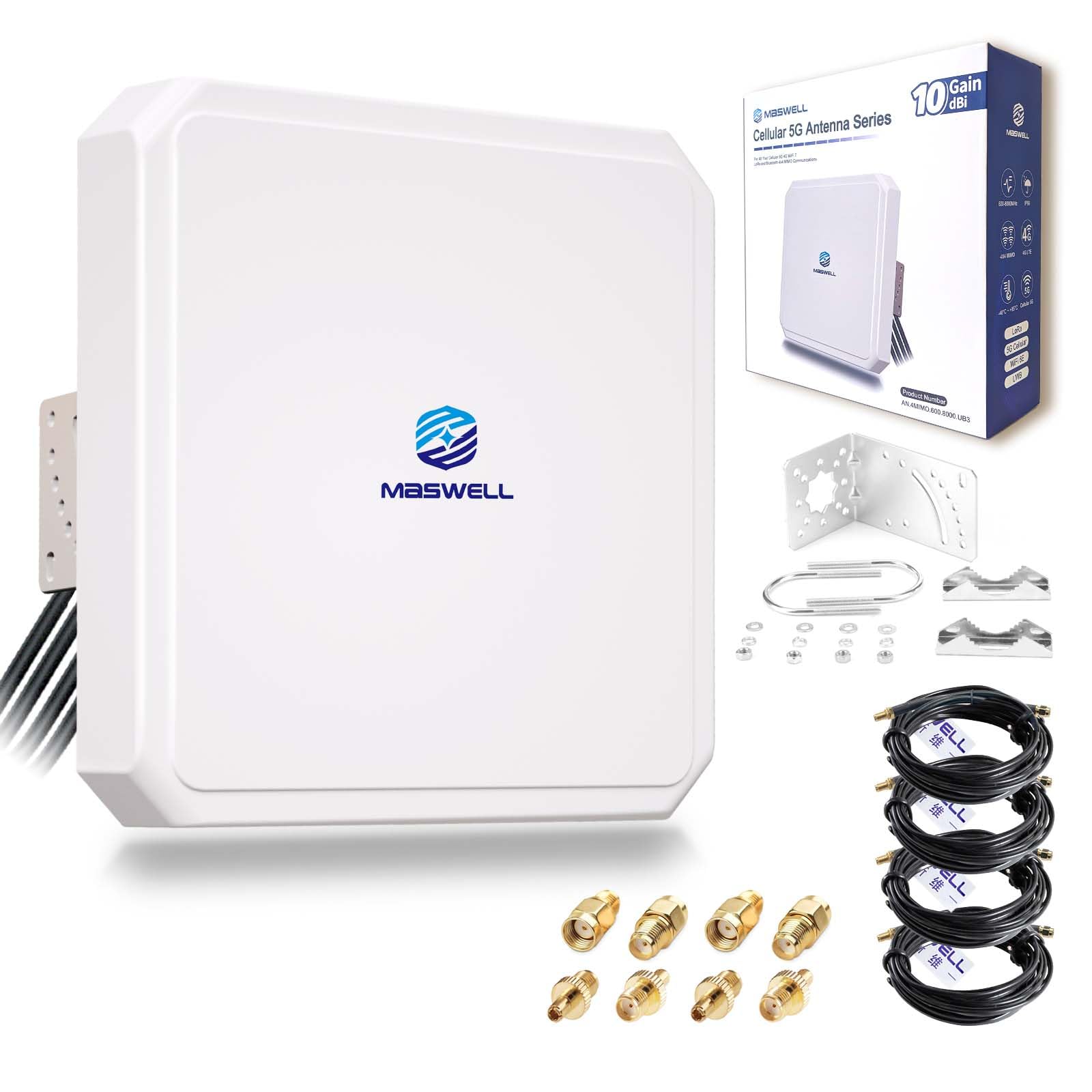 Maswell Antenna 5G 4X4 MIMO da esterno, antenna direzionale 10dBi Antenna esterna esterna per FRITZBox,5G NR Router Gateway | Banda larga 600-8000 MHz (set completo)